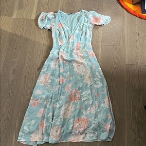 Abercrombie Floral Wrap Midi Dress - Light Blue with Pink & Cream Flowers